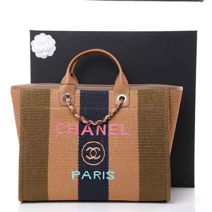 Chanel Straw Raffia Calfskin Striped Large Deauville Tote Khaki Beige Navy Blue 10 of 10