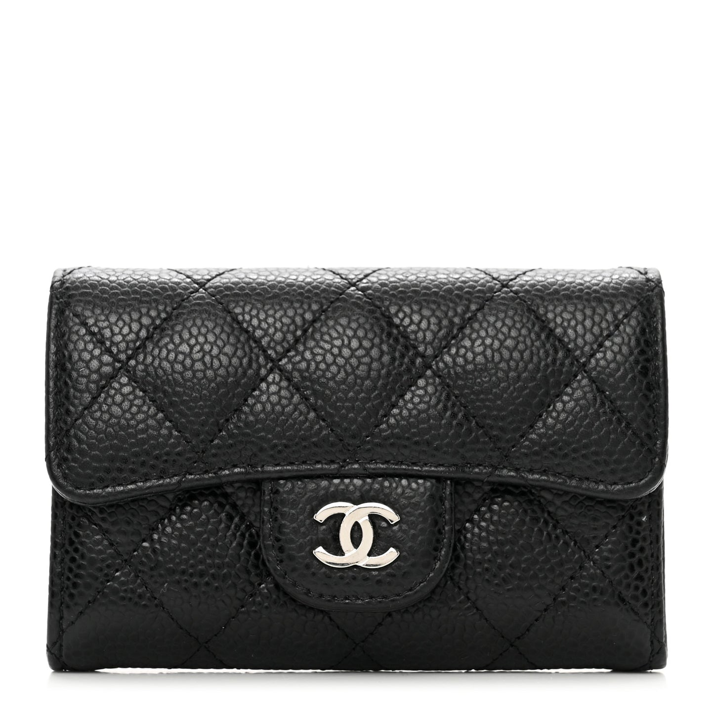 Caviar Quilted Flap Card Holder Wallet Black