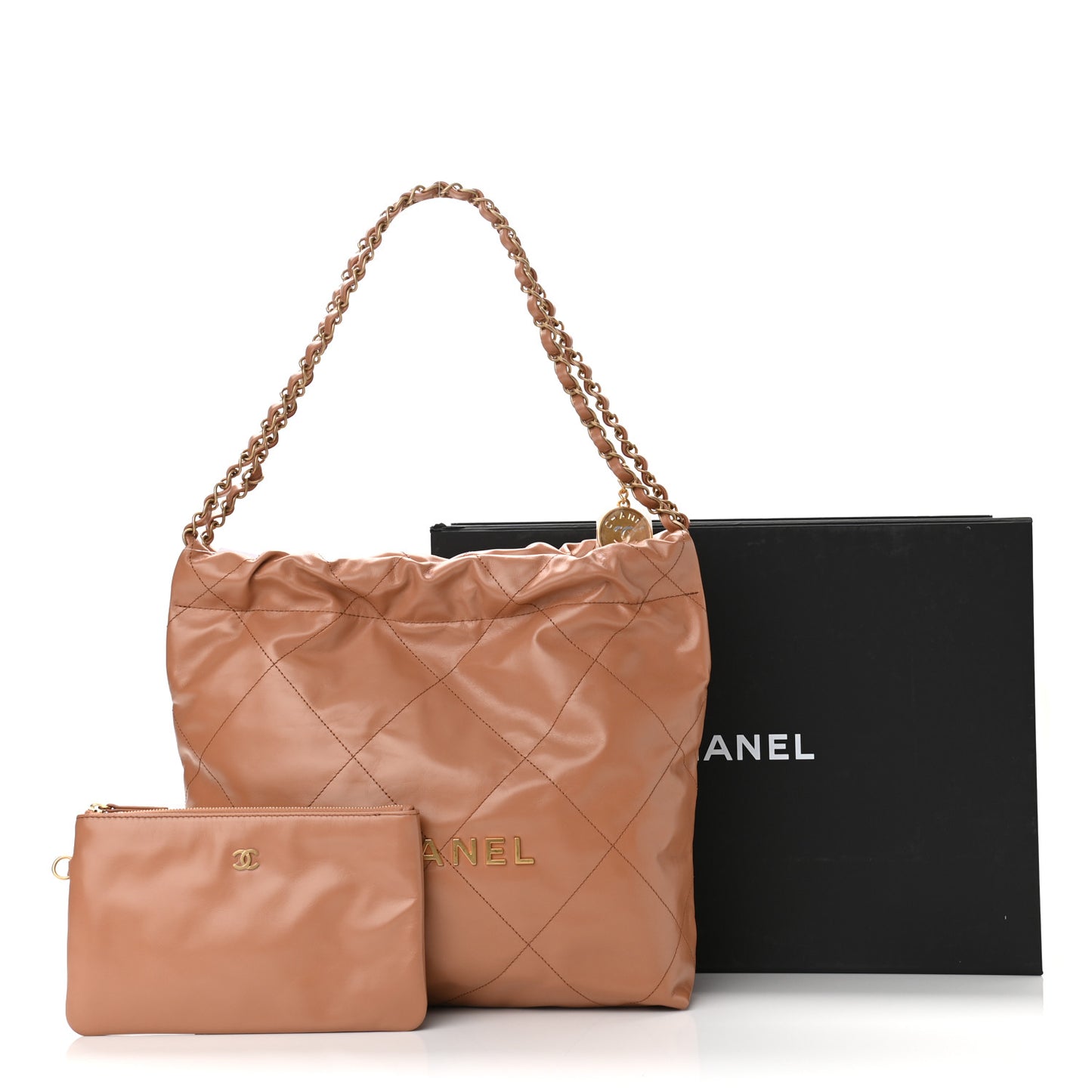Shiny Calfskin Quilted Small Chanel 22 Camel