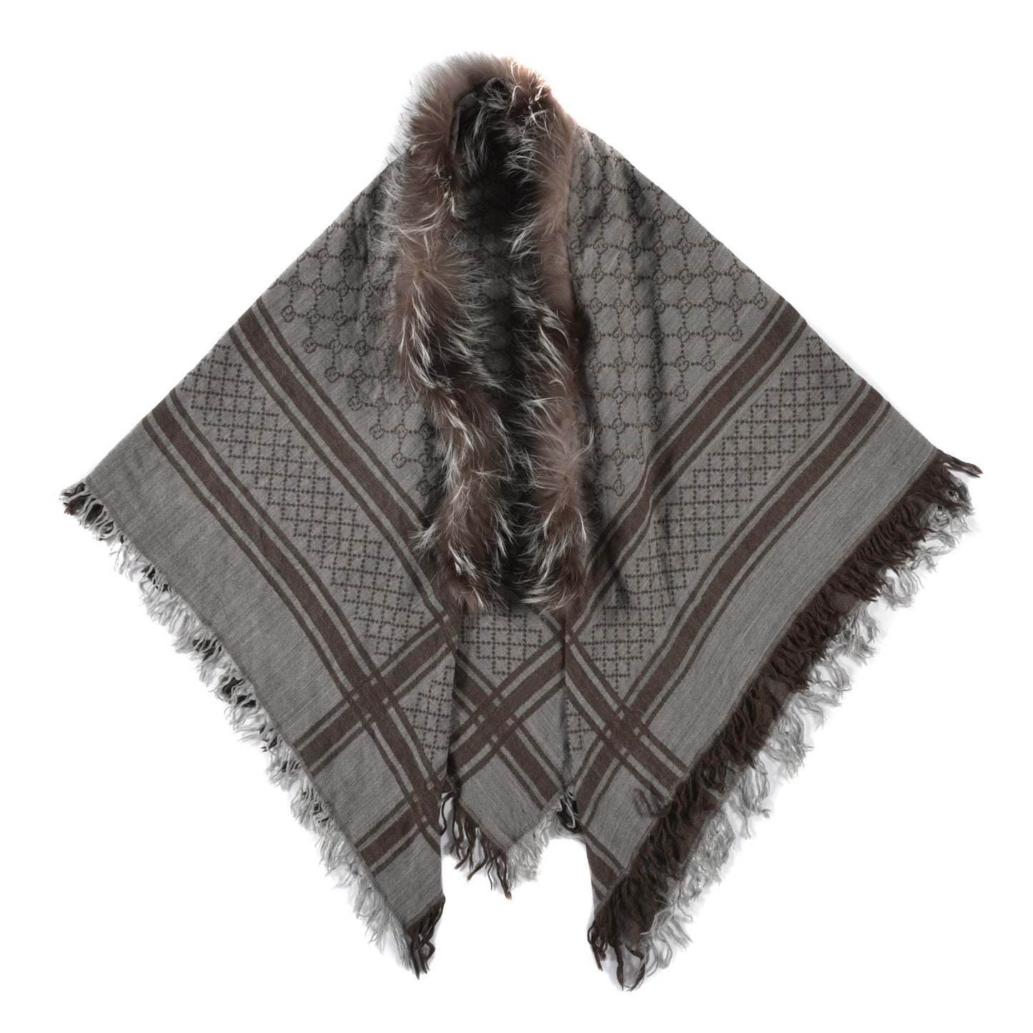 Wool Silk Fox Fur Monogram Shawl Scarf Brown