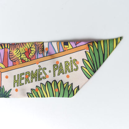 Hermes Silk Animapolis Plumetis Twilly Rose Vert Orange Fluo 4 of 5