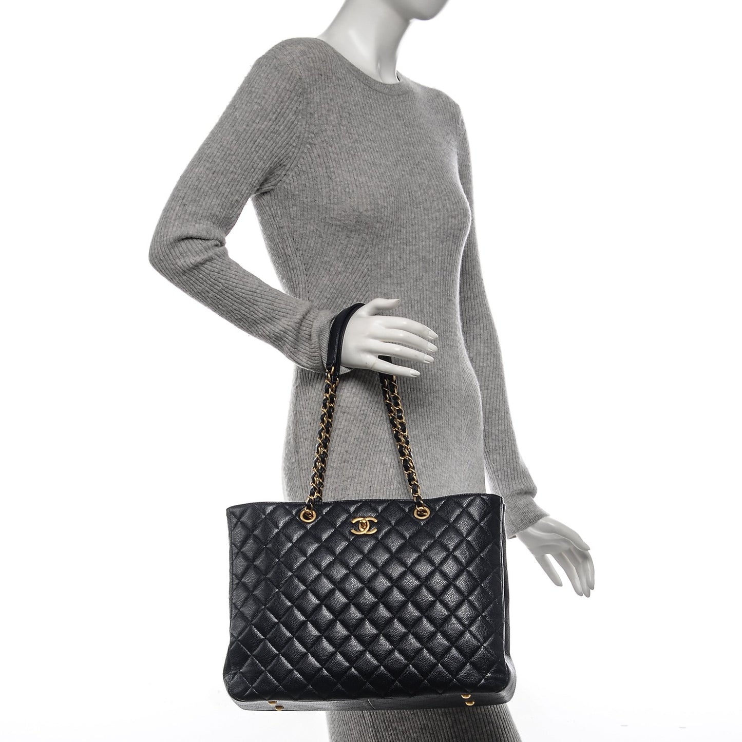 Caviar Quilted Shopping Tote Navy