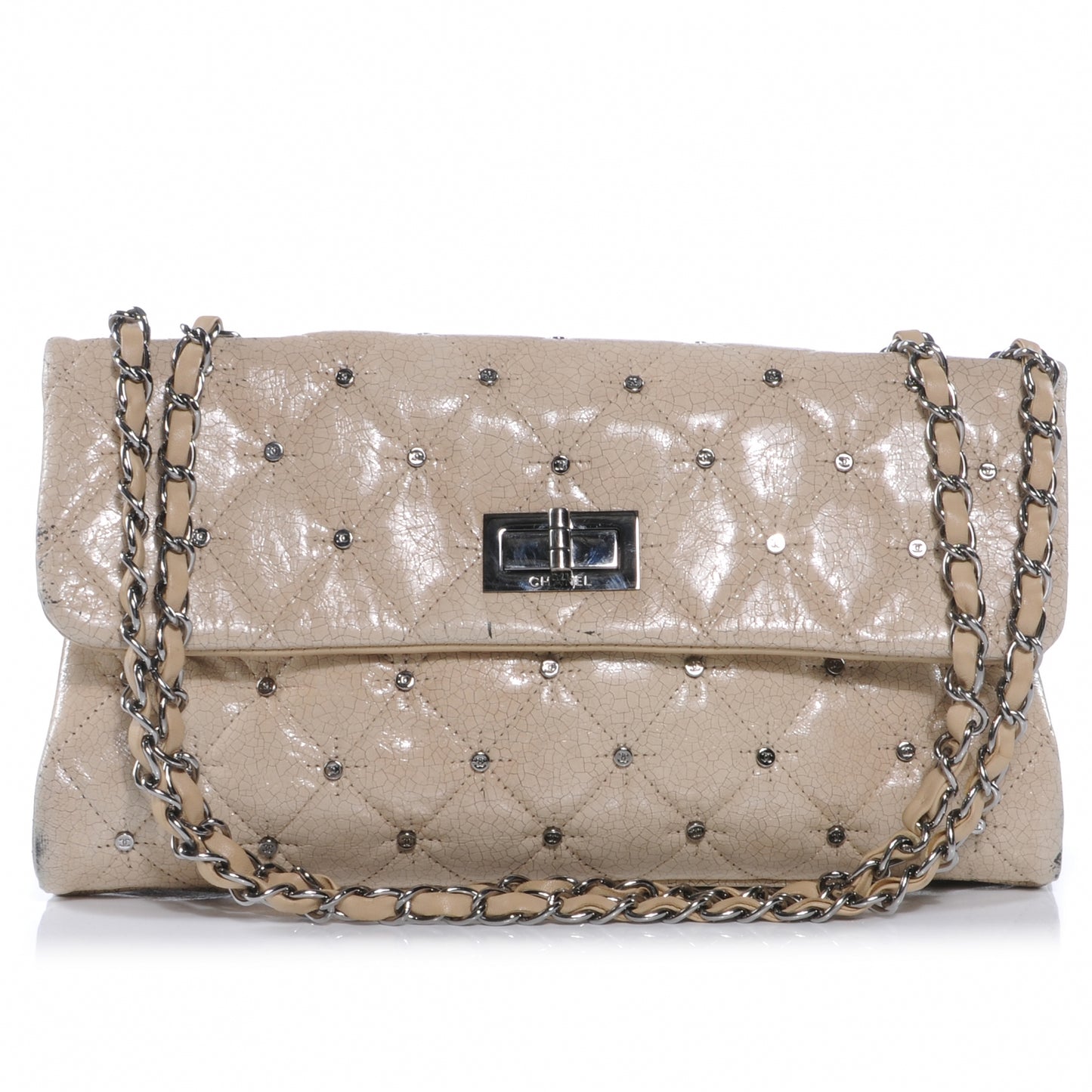 Glazed Crackled Calfskin Studded Mademoiselle Flap