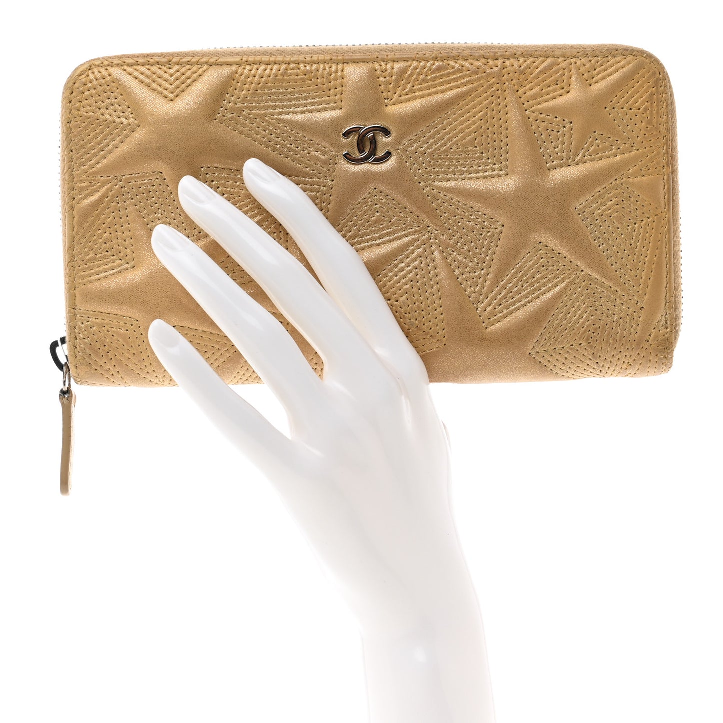 Metallic Lambskin Star Embossed Medium Zip Around Wallet Gold