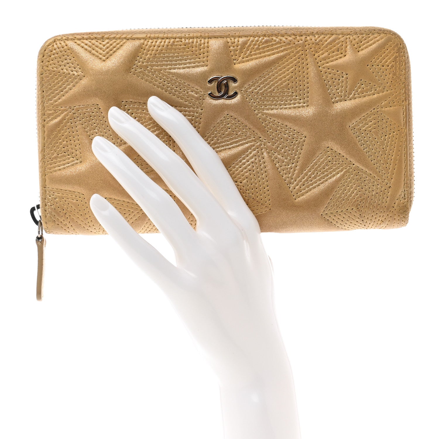 Chanel Metallic Lambskin Star Embossed Medium Zip Around Wallet Gold 2 of 12