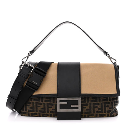 Fendi Recycled Fabric Jacquard Cotton Canvas Vitello Grace FF 1974 Large Convertible Baguette Tobacco Moro Black Beige 1 of 11