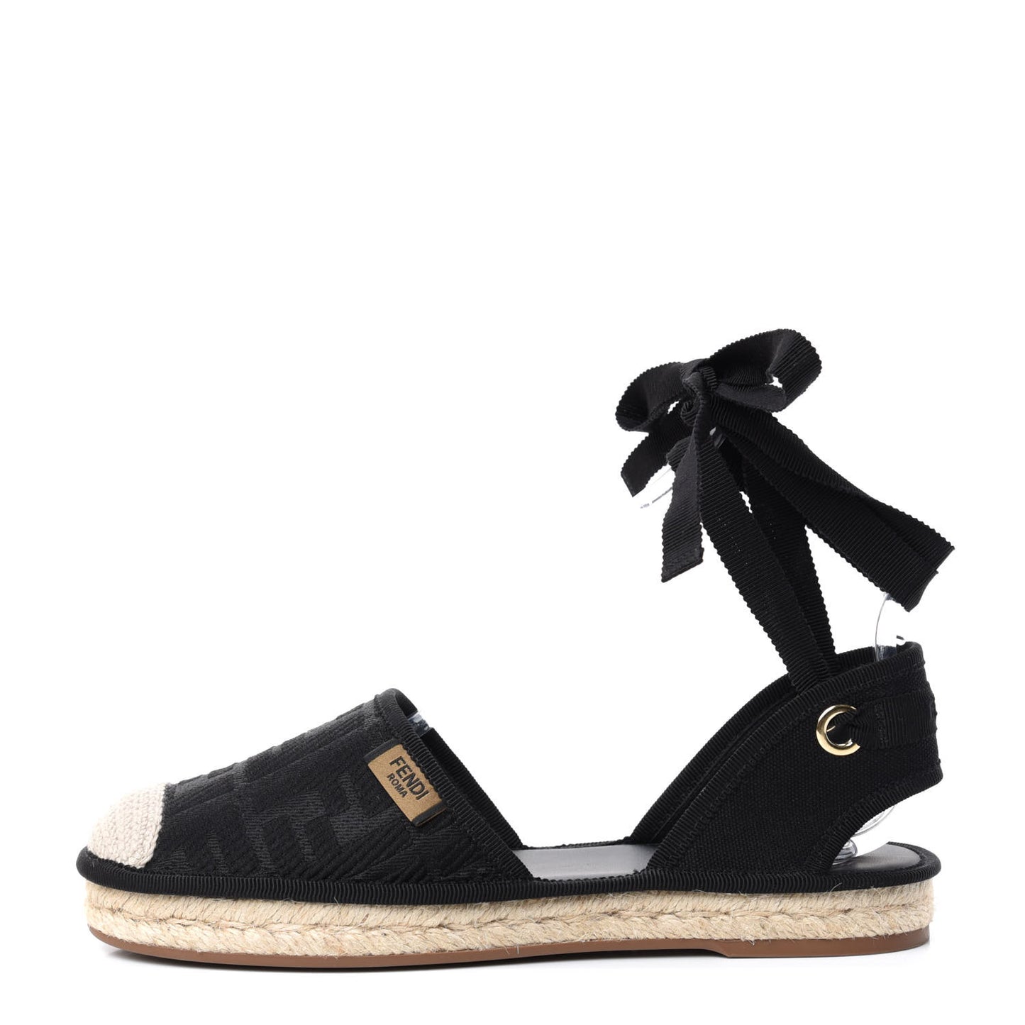 Canvas FF Embroidered Roma Ankle Wrap Flat Espadrilles 36 Black