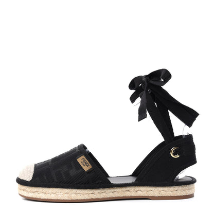 Fendi Canvas FF Embroidered Roma Ankle Wrap Flat Espadrilles 36 Black 1 of 9