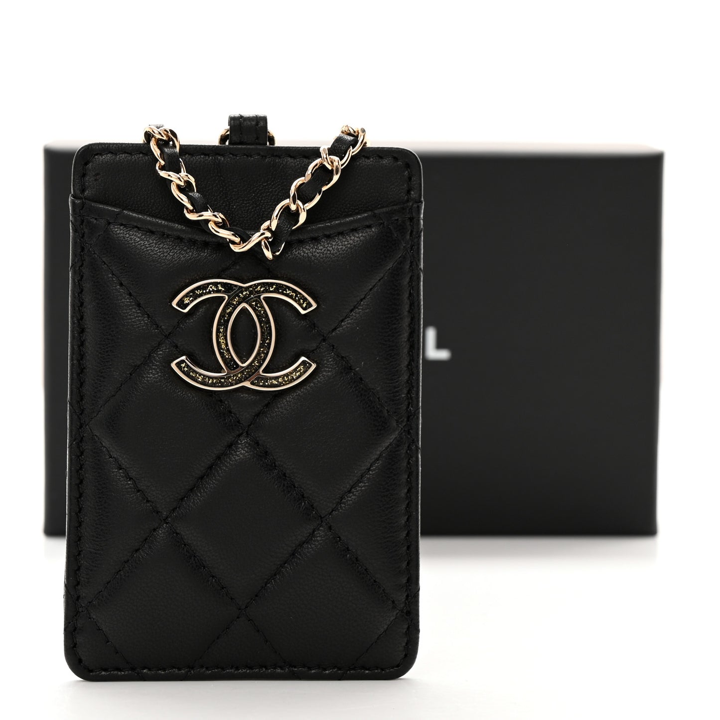 Lambskin Quilted Glitter Card Holder On Chain Black