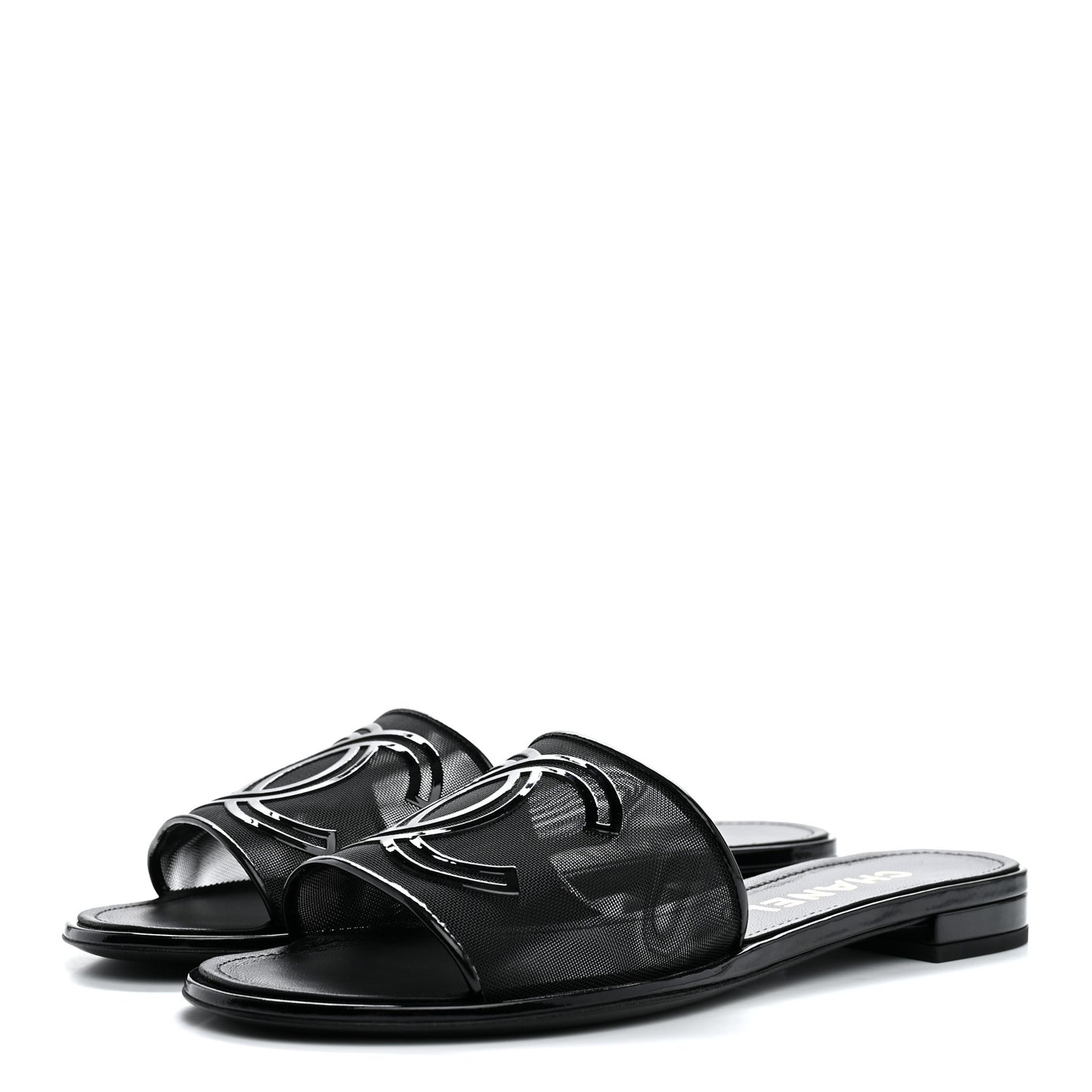 Mesh Patent Calfskin CC Mules 38.5 Black