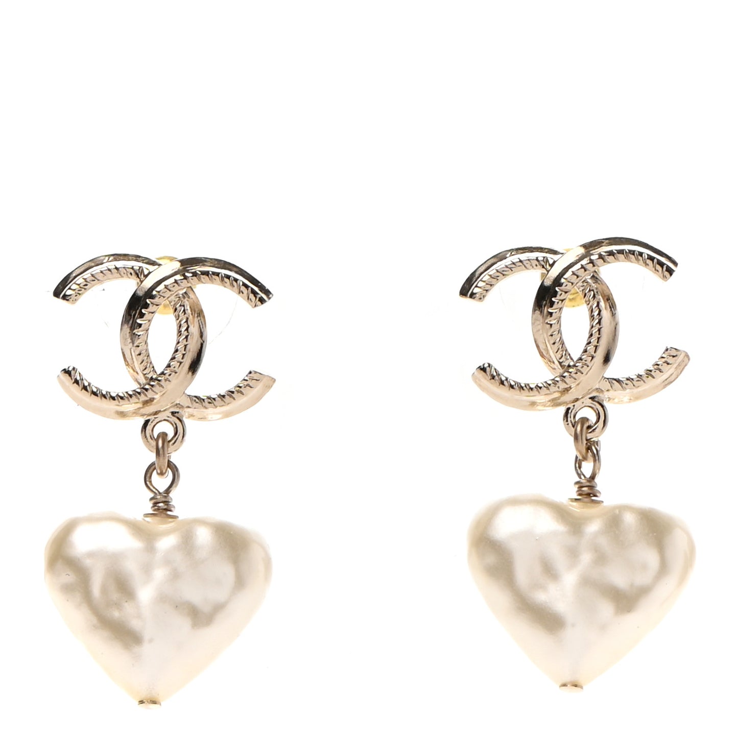 Pearl CC Heart Drop Earrings Gold