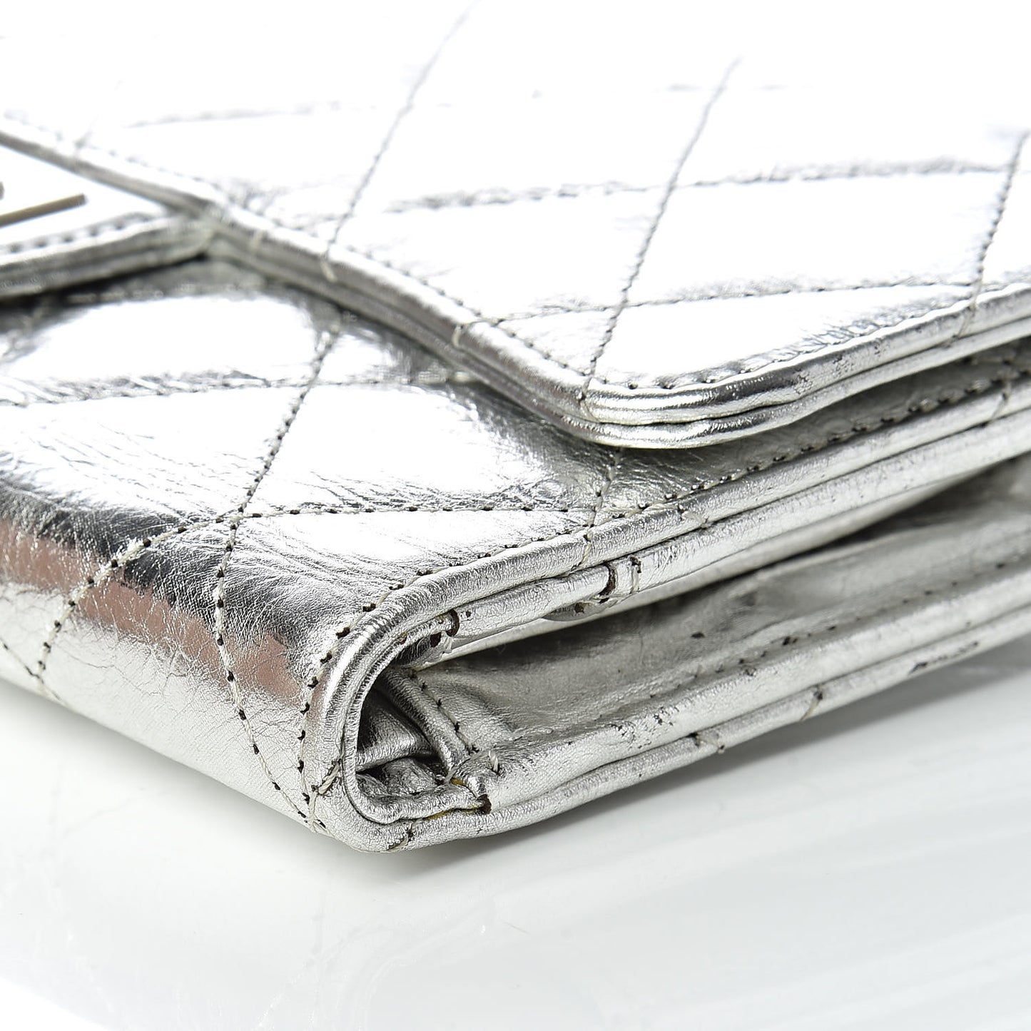 Metallic Aged Calfskin Quilted Reissue Long Flap Wallet Light Silver