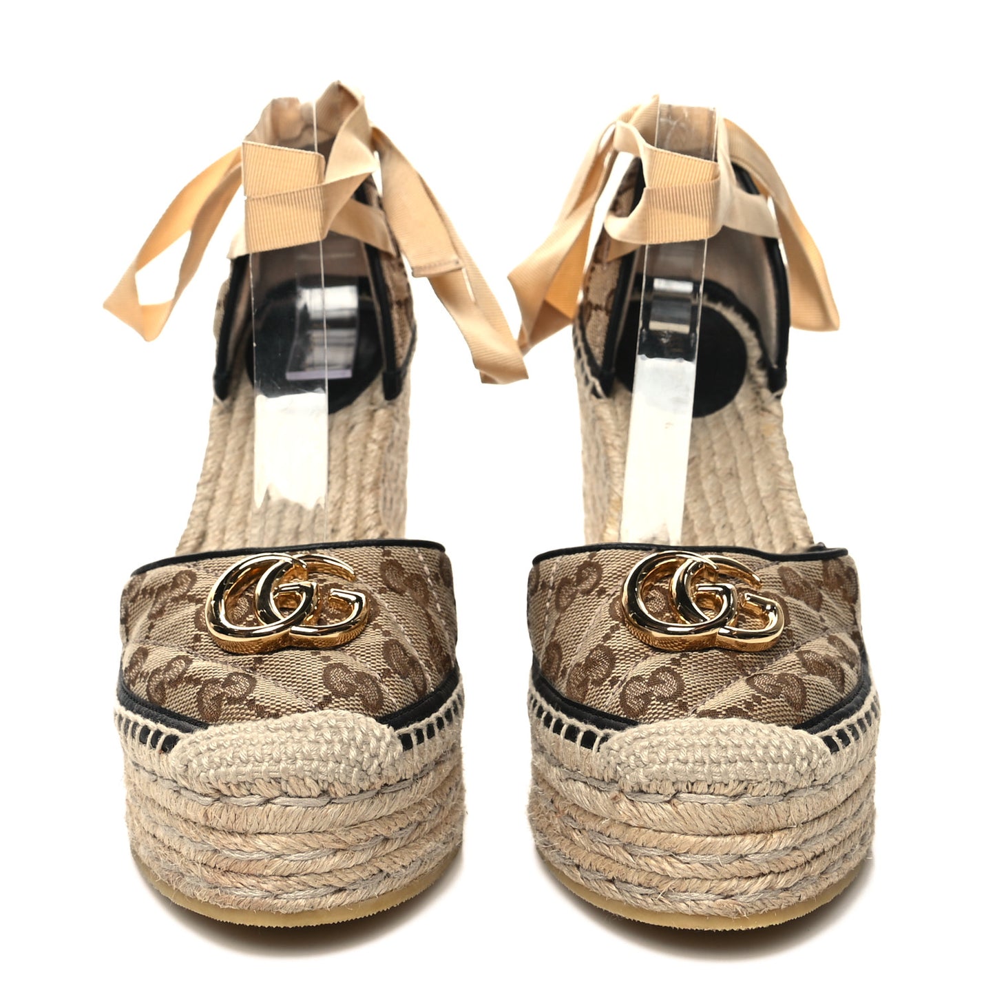 Monogram Matelasse GG Marmont Ankle Wrap Platform 35/120mm Espadrille Wedges 38.5 Beige Ebony Black Sand Storm