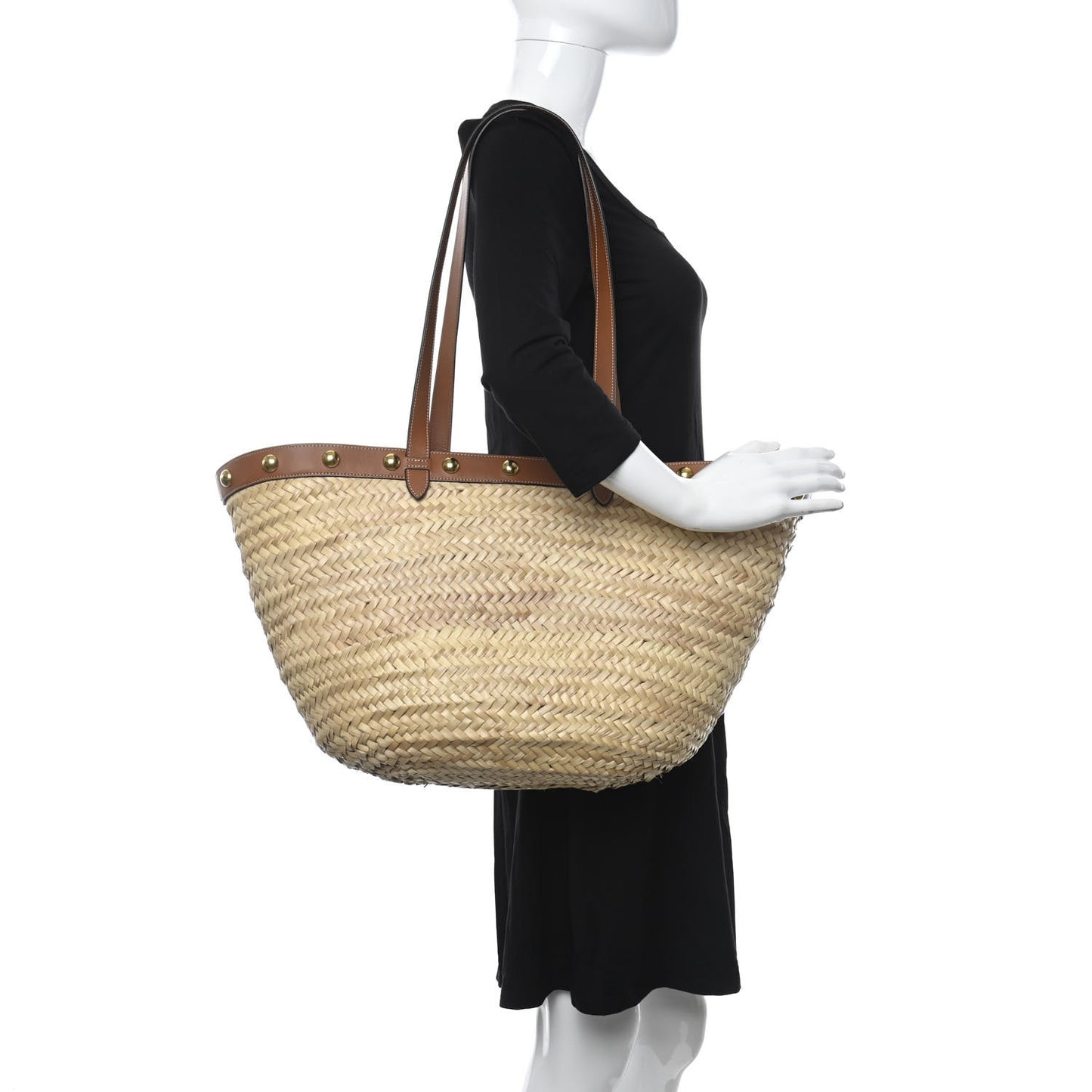Raffia Calfskin Studs Basket Shoulder Bag Tote Tan