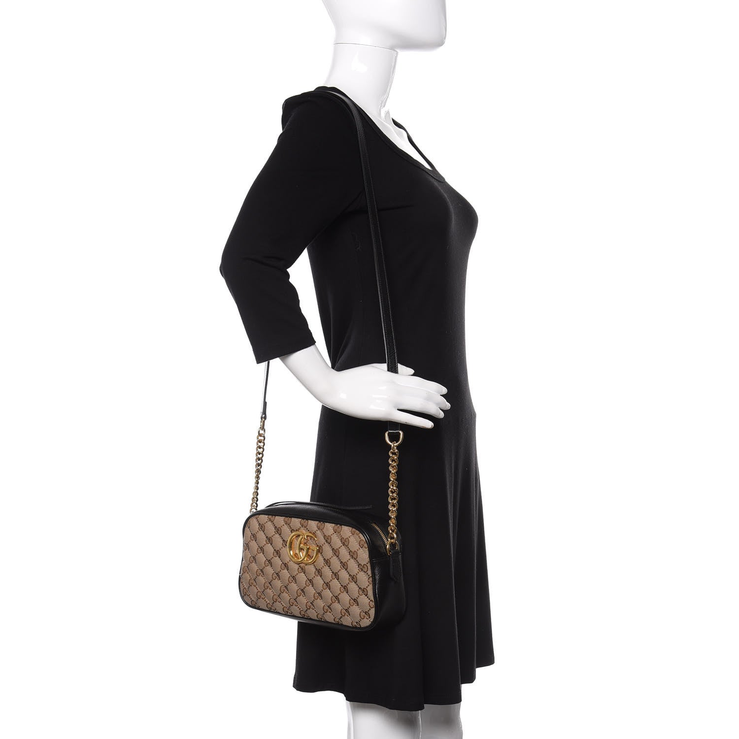 Gucci Monogram Matelasse Diagonal Small GG Marmont Chain Shoulder Bag Beige Black 2 of 13