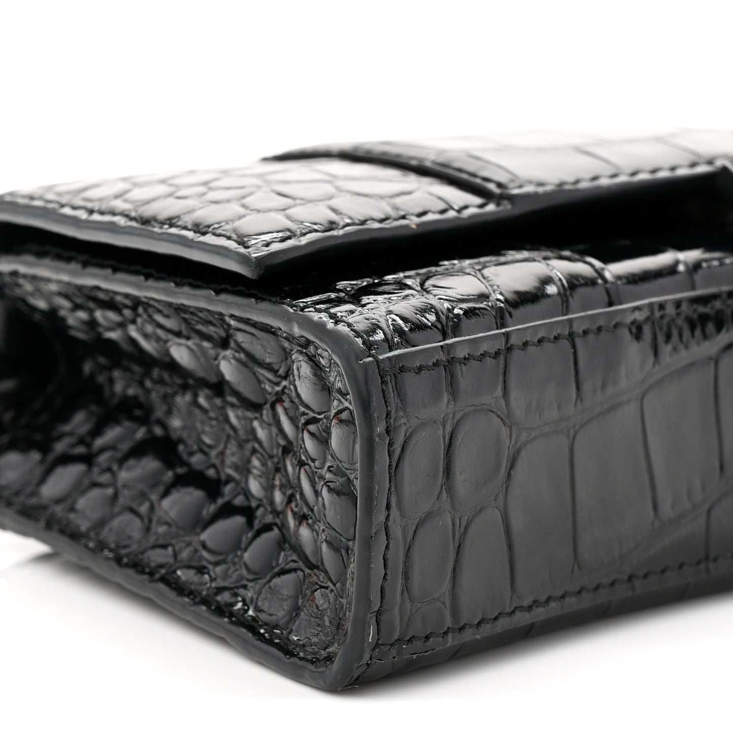 Shiny Calfskin Monochrome Crocodile Embossed Hourglass Chain Bag Black