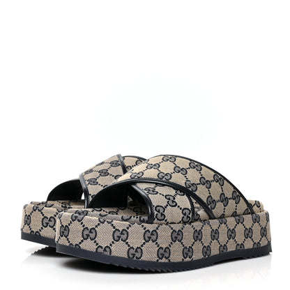 Gucci Monogram Criss Cross Platform Slide Sandals 39 Beige Blue 3 of 8