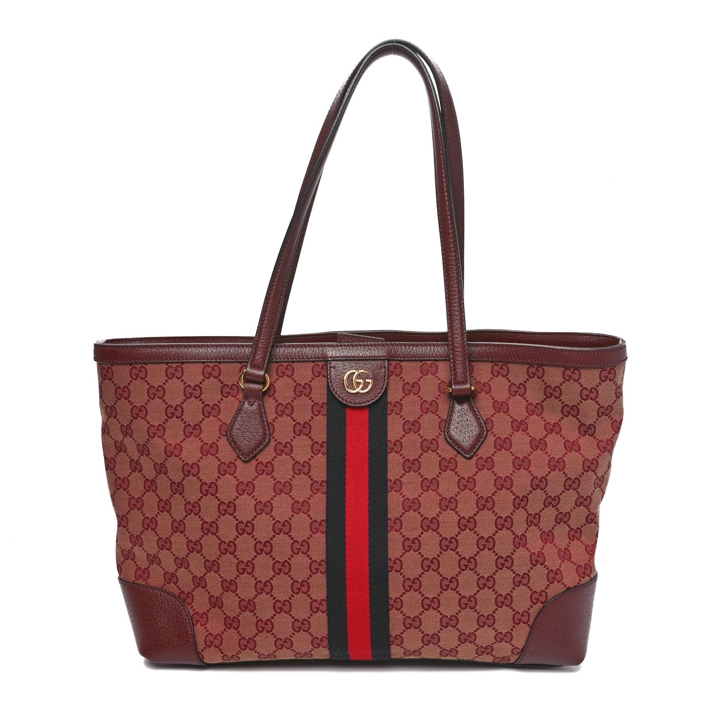 Monogram Textured Dollar Calfskin Web Medium Ophidia Shopping Tote Sahara Rubino Chardonnay