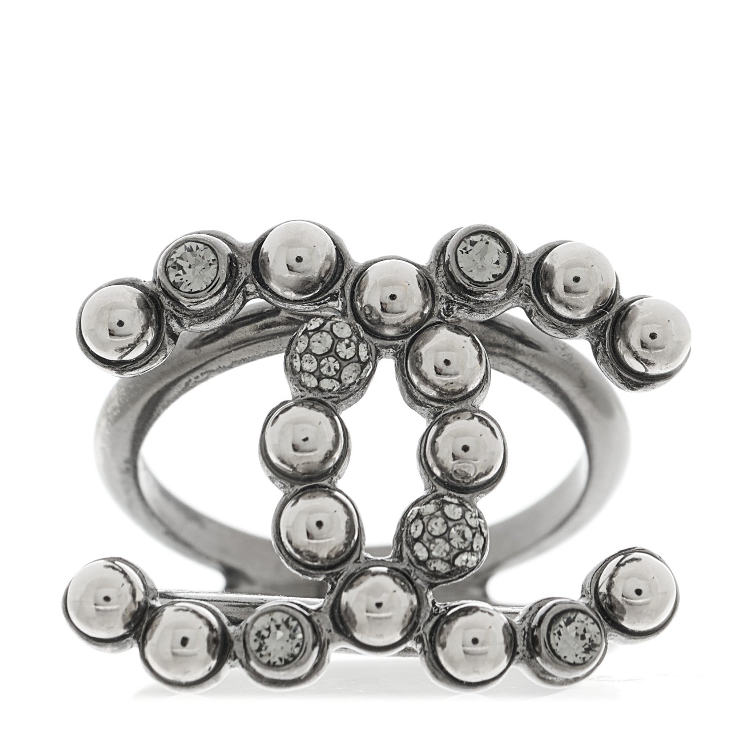 Chanel Ruthenium Crystal Pearl CC Ring 54 7 Silver 1 of 4