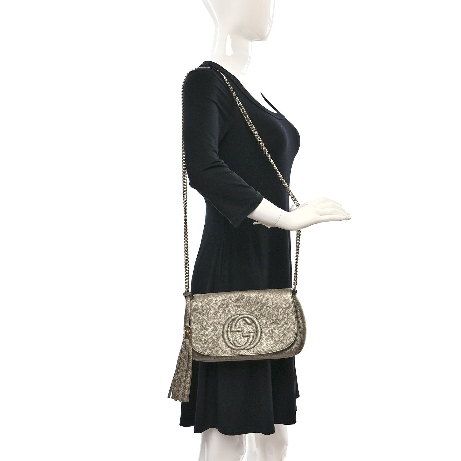 Gucci Metallic Pebbled Calfskin Medium Soho Flap Crossbody Golden Beige 2 of 10