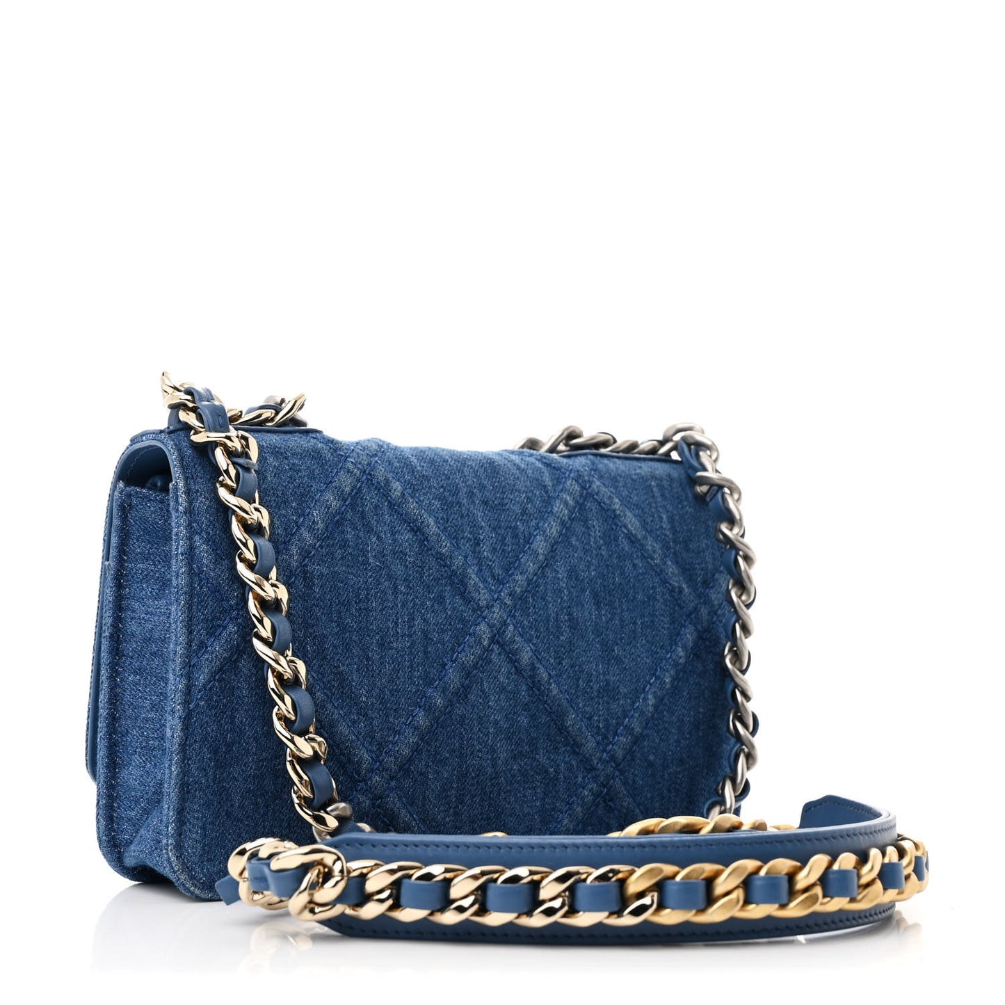 Denim Quilted Chanel 19 Wallet On Chain WOC Blue