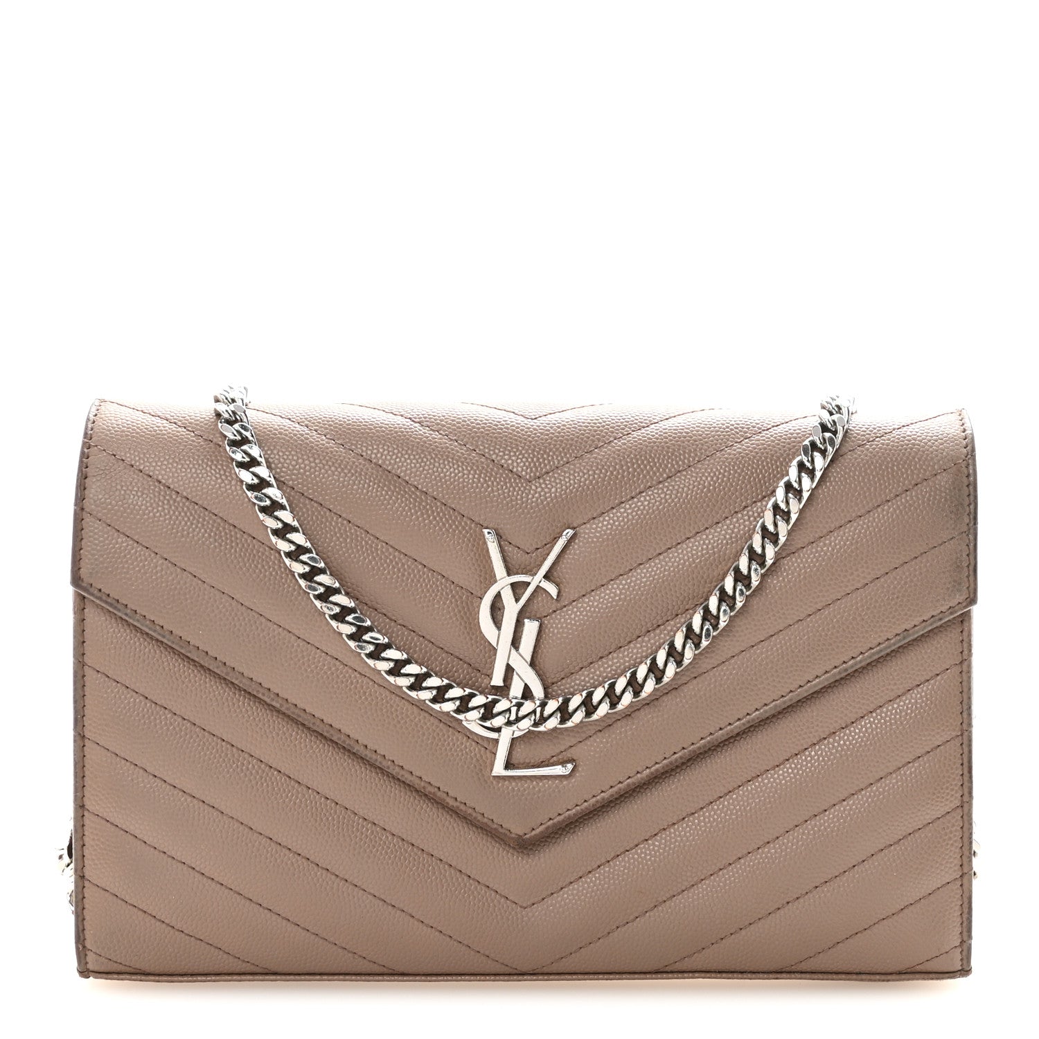 Saint Laurent Grain De Poudre Matelasse Chevron Monogram Chain Wallet Taupe 1 of 11