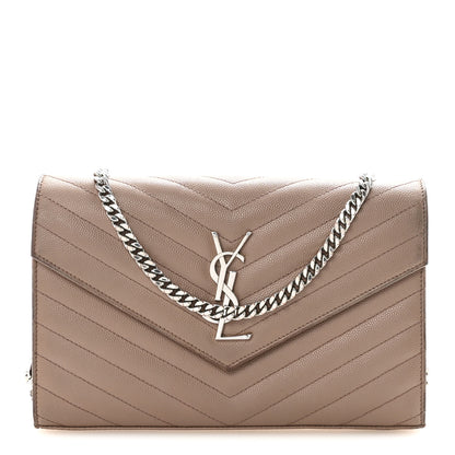 Saint Laurent Grain De Poudre Matelasse Chevron Monogram Chain Wallet Taupe 1 of 11