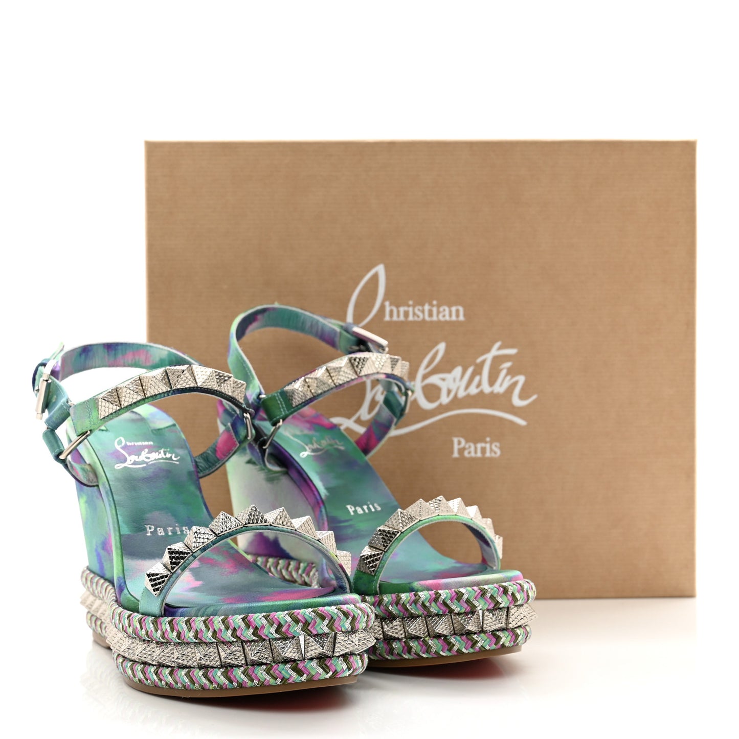 Silk Spike Studded Watercolor Pyraclou 110 Wedge Sandals 38 Green Fuschia