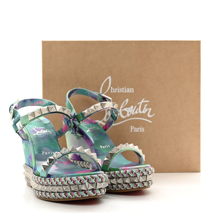 Christian Louboutin Silk Spike Studded Watercolor Pyraclou 110 Wedge Sandals 38 Green Fuschia 8 of 8