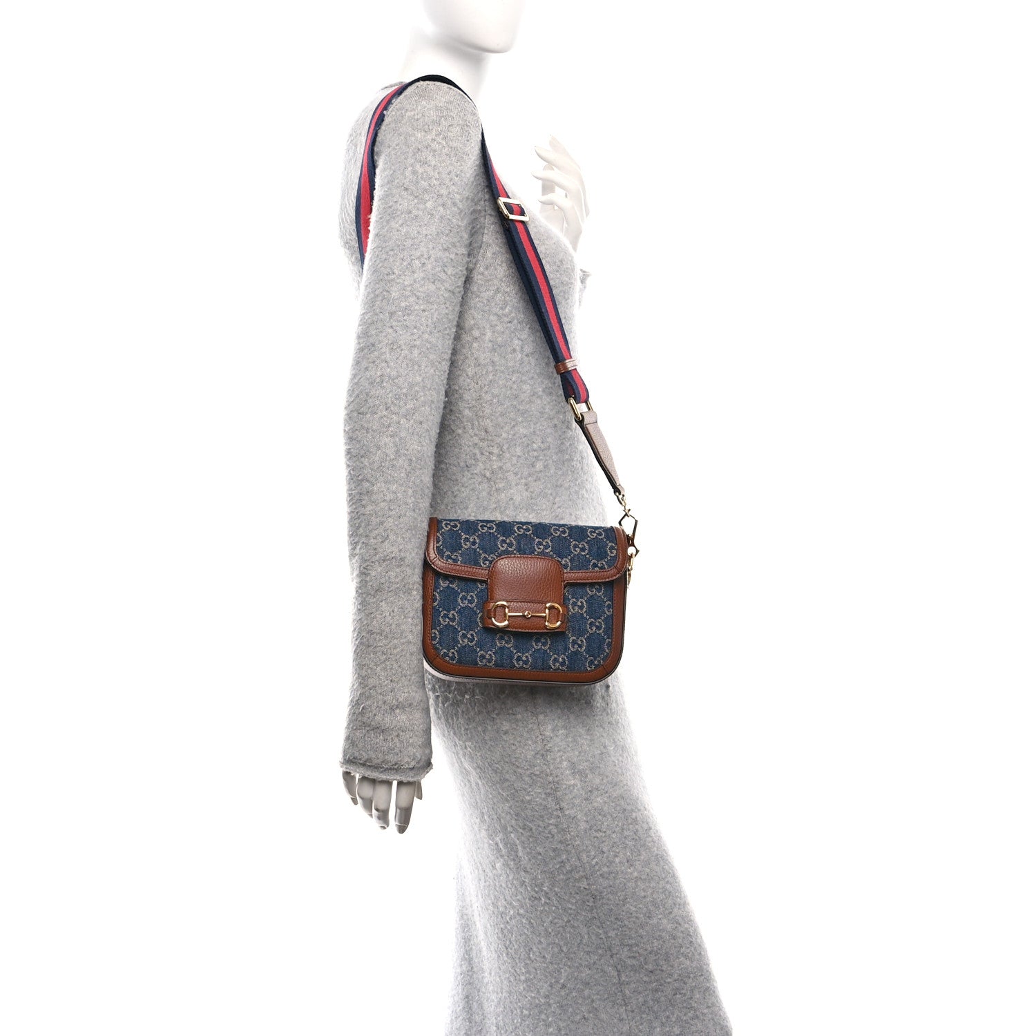 Gucci New Denim GG Monogram Dollar Calfskin Web Mini Horsebit 1955 Shoulder Bag Blue Tea Cuir Epilog 2 of 11