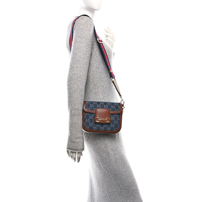 Gucci New Denim GG Monogram Dollar Calfskin Web Mini Horsebit 1955 Shoulder Bag Blue Tea Cuir Epilog 2 of 11