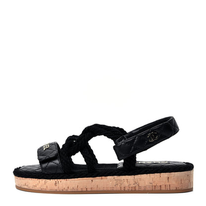 Chanel Cord Lambskin Quilted Logo Sandals 37 Black 1 of 10