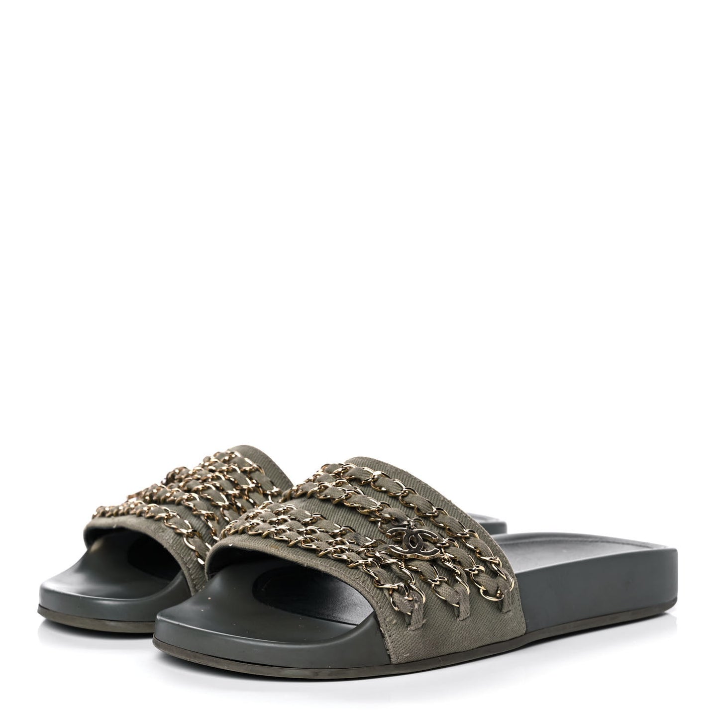 Canvas Chain Flat Sandals 36 Khaki