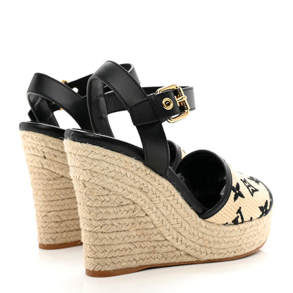 Louis Vuitton Cotton Monogram Embroidered Starboard Wedge Espadrilles 39 Black 4 of 8