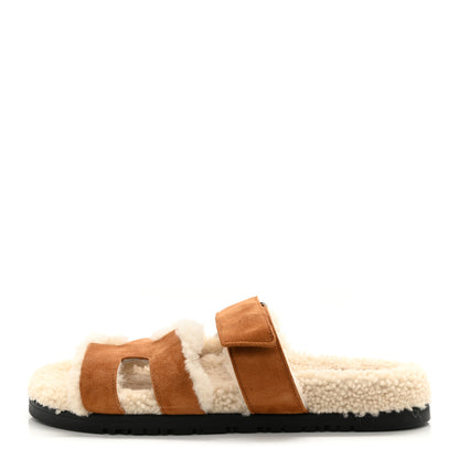 Hermes Suede Goatskin Woolskin Womens Chypre Sandals 37 Brun Fume Ecru 1 of 8