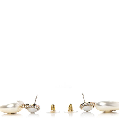 Chanel Pearl Crystal CC Heart Drop Earrings Gold 3 of 5