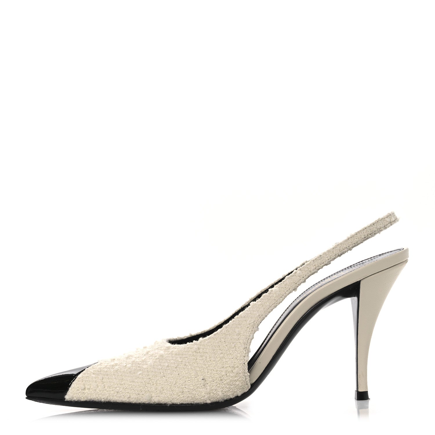 Saint Laurent Tweed Patent Cap Toe Vesper Slingback Pumps 37.5 White 1 of 11