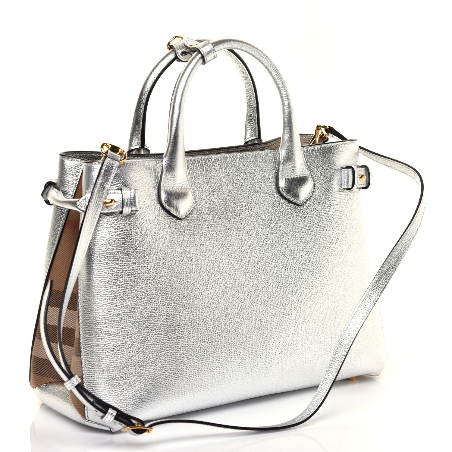 Burberry Metallic Grainy Calfskin House Check Medium Banner Tote Silver 3 of 11