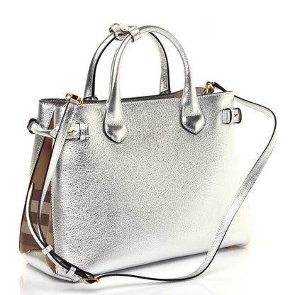 Burberry Metallic Grainy Calfskin House Check Medium Banner Tote Silver 3 of 11