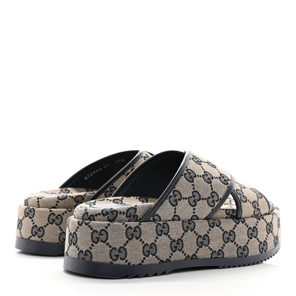 Gucci Monogram Criss Cross Platform Slide Sandals 37 Beige Blue 4 of 9