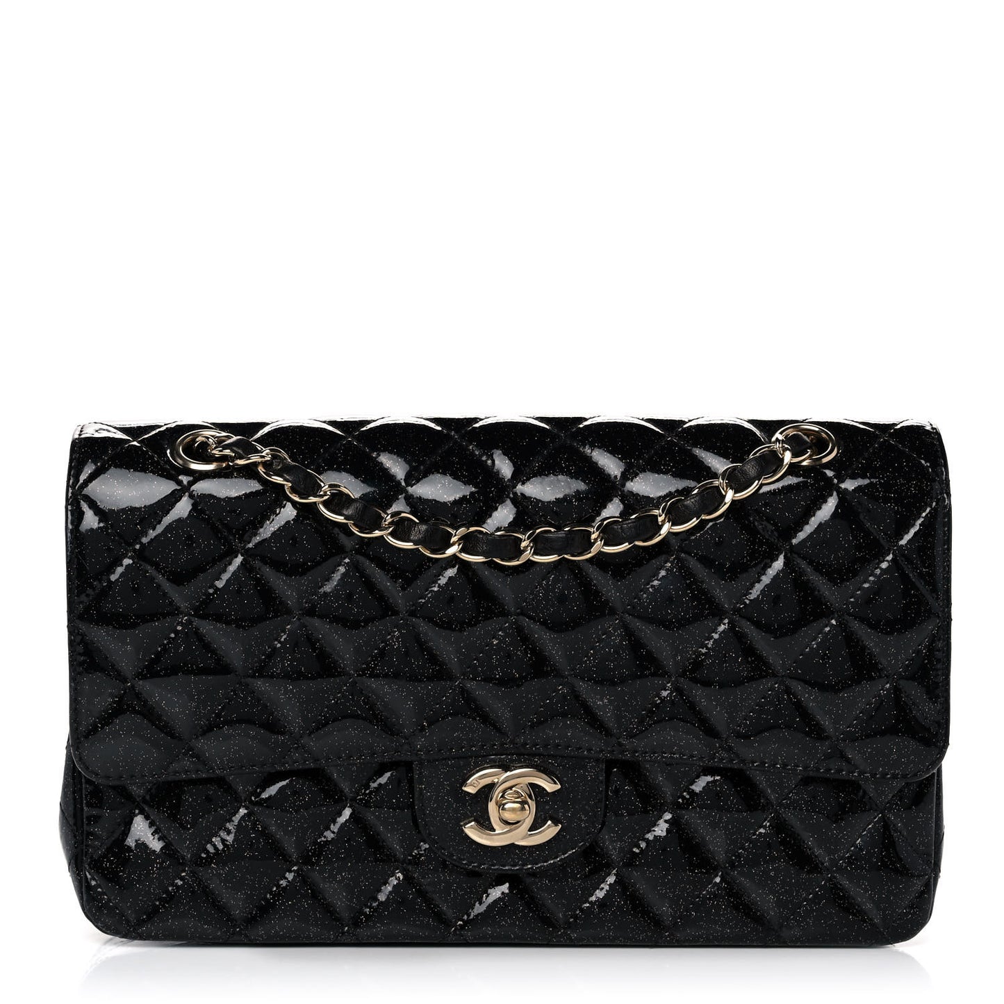 Patent Quilted Sparkle Glitter Medium Double Flap Black