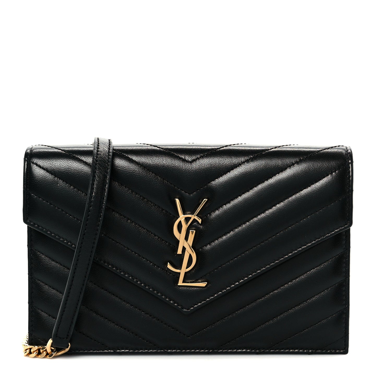 Calfskin Matelasse Chevron Monogram Envelope Chain Wallet Black