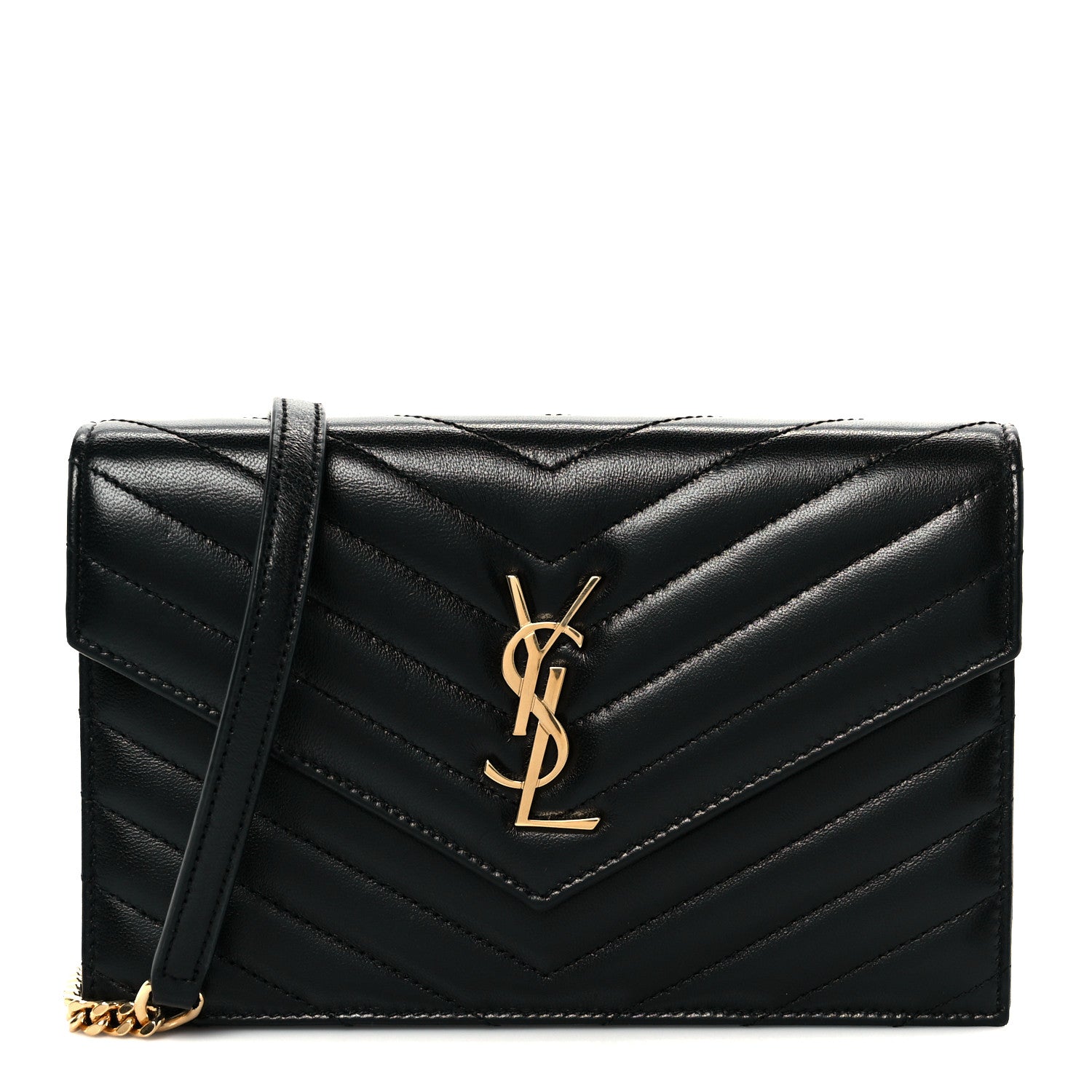 Saint Laurent Calfskin Matelasse Chevron Monogram Envelope Chain Wallet Black 1 of 9
