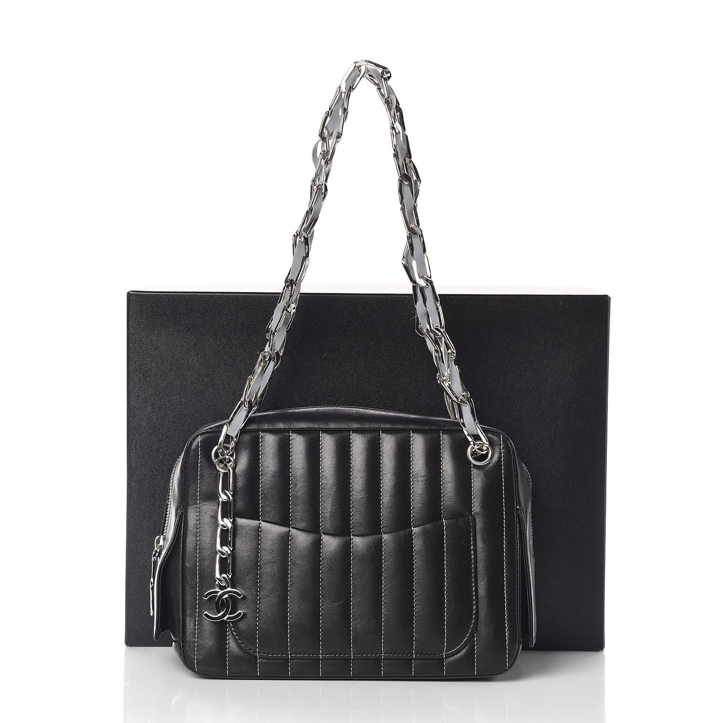 Lambskin Vertical Quilted Mademoiselle Small Camera Case Black