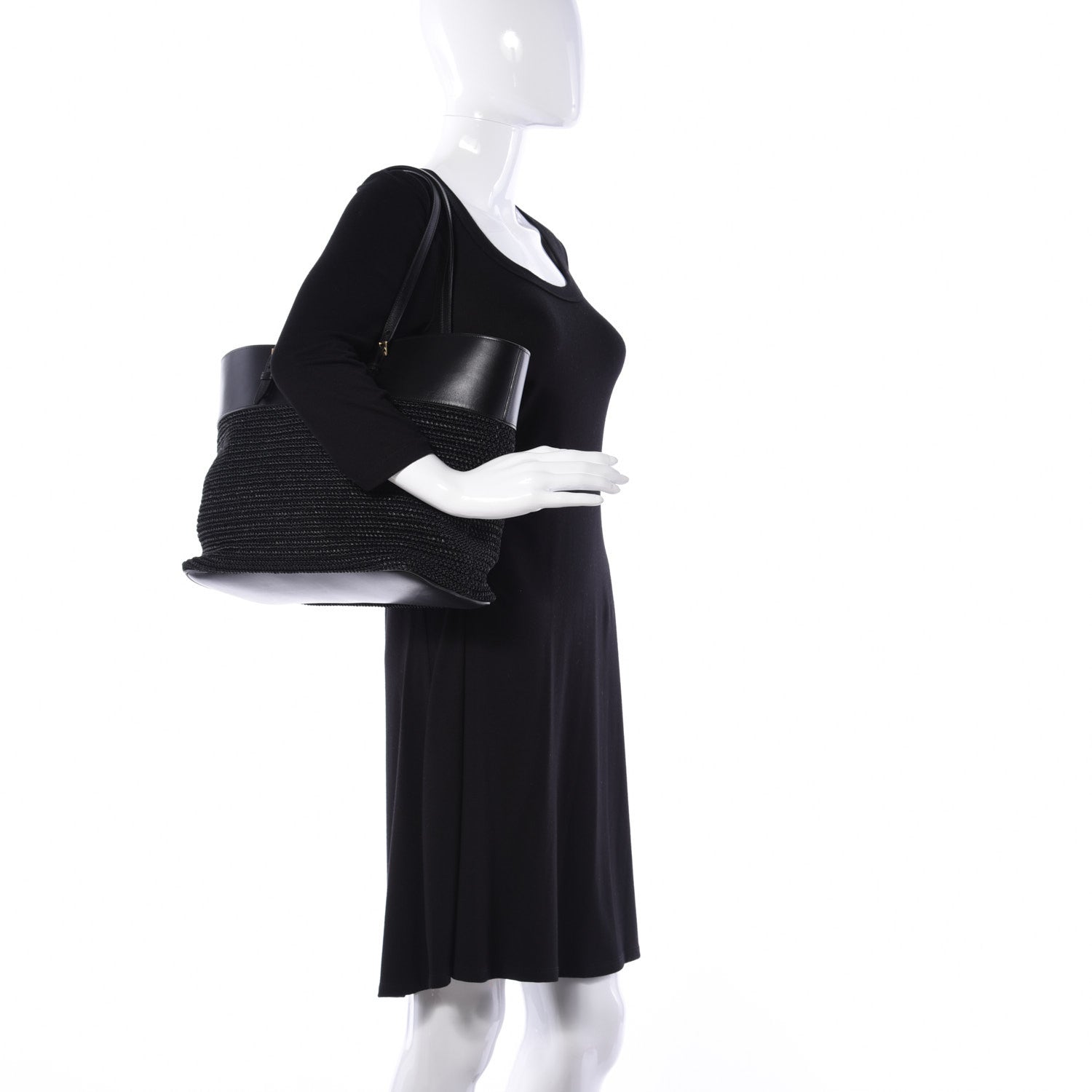 Saint Laurent Calfskin Raffia Medium Shopper Tote Black 2 of 8