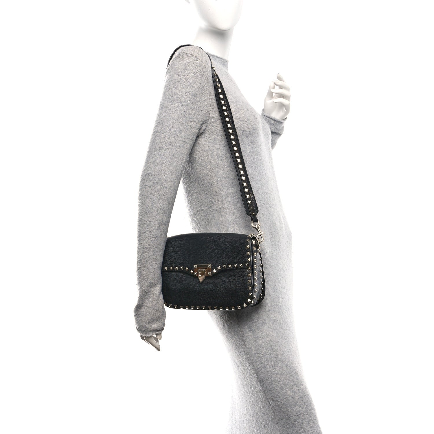 Valentino Garavani Pebbled Calfskin Medium Rockstud Flap Saddle Bag Black 2 of 15