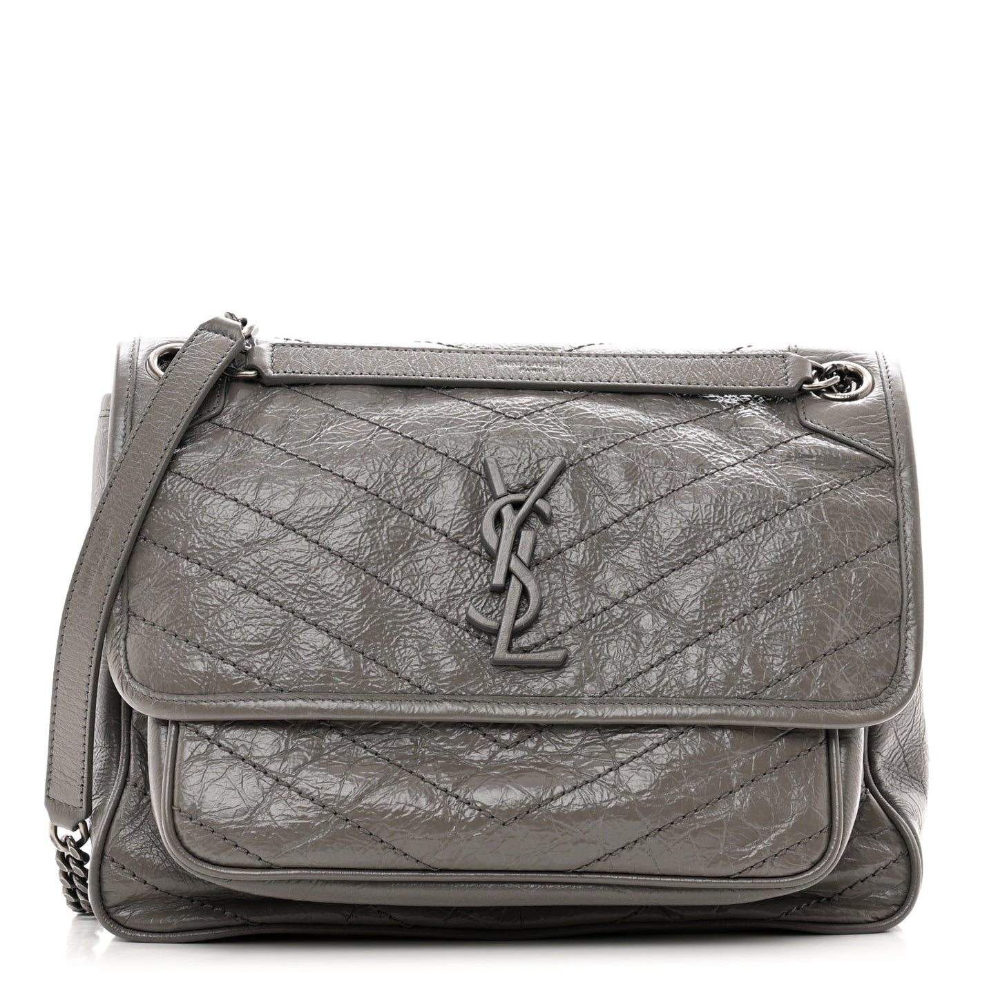 Crinkled Calfskin Matelasse Monogram Medium Niki Chain Satchel Fog