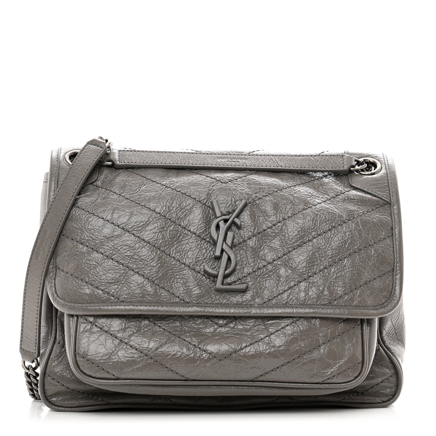Saint Laurent Crinkled Calfskin Matelasse Monogram Medium Niki Chain Satchel Fog 1 of 10