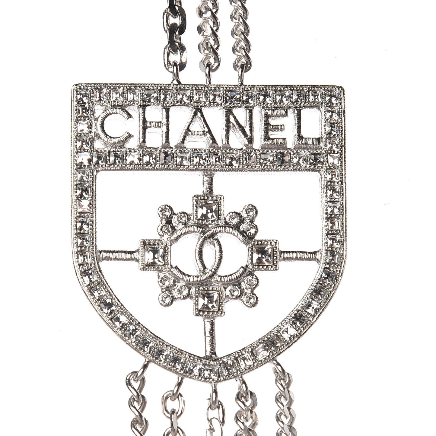 Baguette Crystal CC Shield Multi Strand Long Chain Necklace Silver