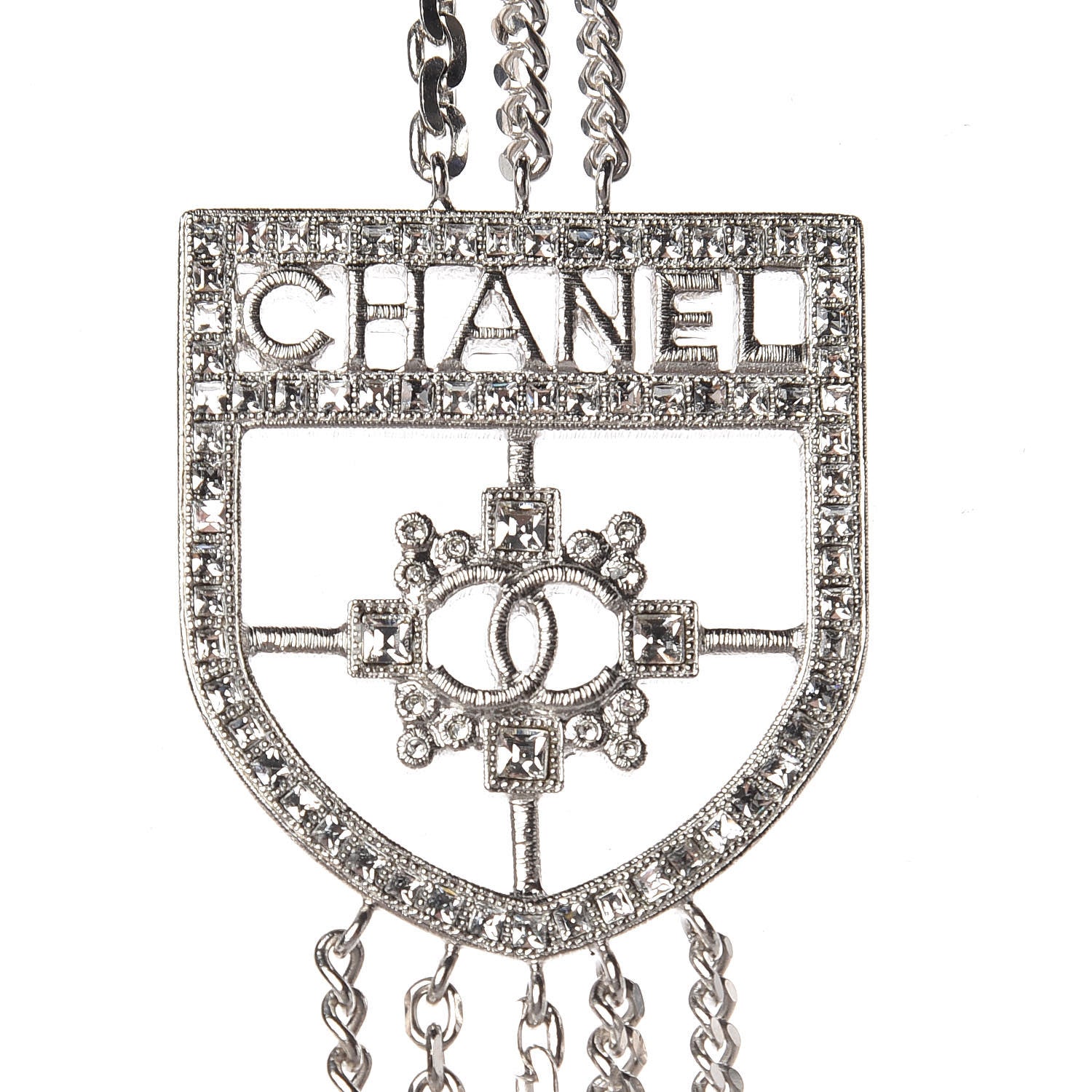 Chanel Baguette Crystal CC Shield Multi Strand Long Chain Necklace Silver 4 of 7